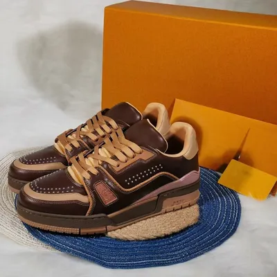 Men's Brown Multi-Tone Leather Skate Sneakers Yupoo Casual Lace-up Basketball Shoes