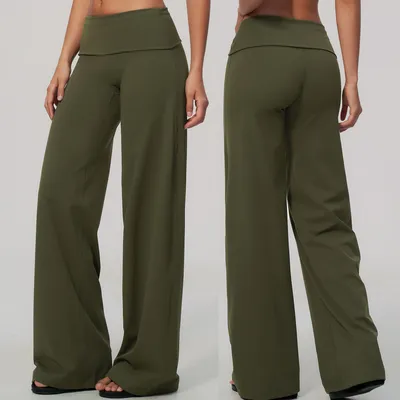 Women Fold Over Waist Wide Leg, No Front Rise Seam Flare Workout Leggings, Butt Lifting High Waist Pants