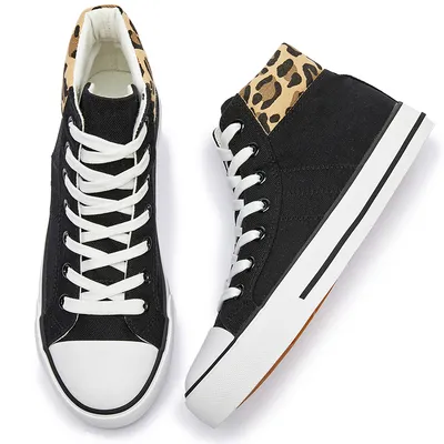 Black Leopard Print Lace-up High Top Canvas Sneaker for Unisex