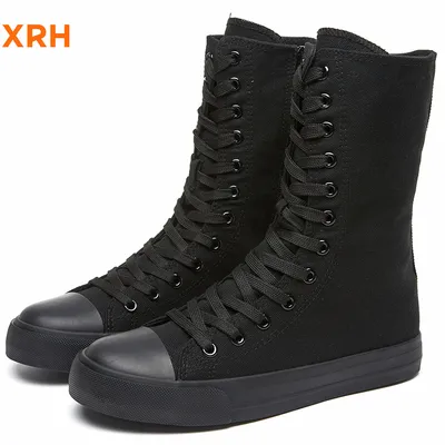 High Top Blank Black Lace-up Canvas Shoes for Lady
