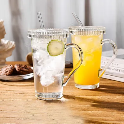Shunstone High Appearance Level Vertical Patterned Beer Glass Cup with Handle and Straw Water Beverage Cup