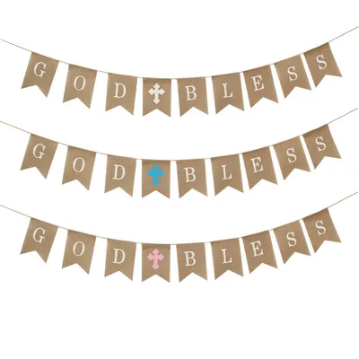 Decorative Linen Manufacturers Selling God Bless Christian Baptism Party Flag Blessing Dovetail Banner Hemp Rope Jute