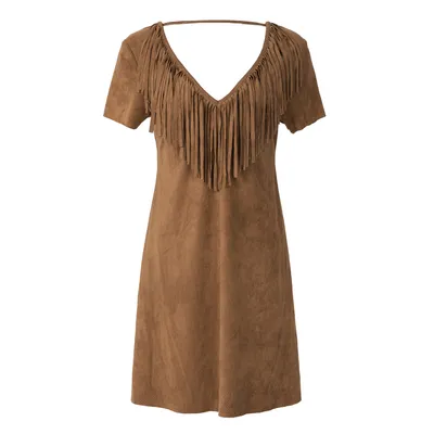 OEM/ODM Wholesale Customize Sexy V Neck Faux Suede Tassels Short Sleeve Dress for Women