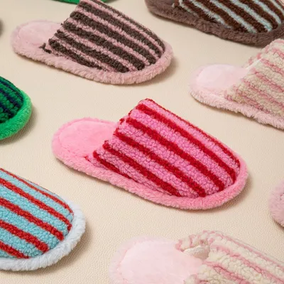 Color Striped Plush Slippers Women Men Y2K Cute Non Slip Indoor Closed Toe Slippers Casual Slip on Slippers