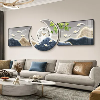 2024 New Living Room Decoration Luxury Watch Nine Fish Picture Crystal Porcelain Modern Art Wall Clock Tempered Glass Painting