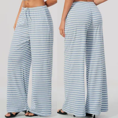Women Striped Wide Leg Pants, Ribbed Knit High Waist Flowy Trousers with Drawstring & Side Pockets, Casual Loose Lounge Pants