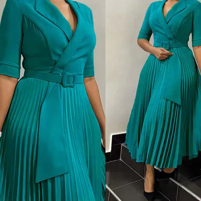 V-Neck Solid Color Pleated Plus-Size Dress Women Dress
