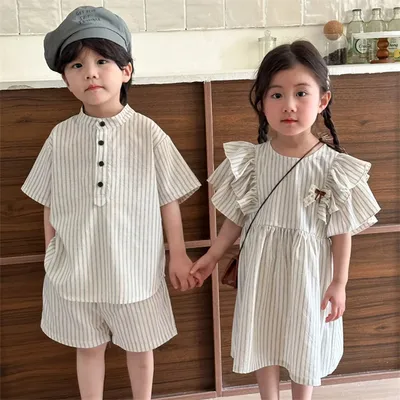 1 PCS Custom Tag Striped Cotton Outfit Summer Infant Toddler Children Clothing Top Shorts Boys Kids Clothes Set