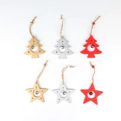 Wooden Christmas Tree Star Hanging Ornaments with Bell for Office, Shop Decoration