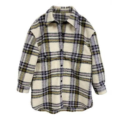 OEM Ladies Plaid Wool Jacket Coat with Shirt Collar