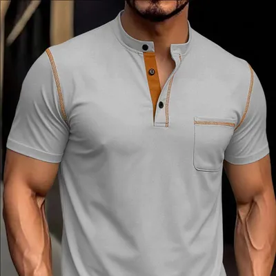 Men's Henley T-Shirt Short Sleeve Button Placket Contrast Trim Pocket Summer T-Shirt