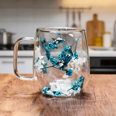 Blooming Flowers Double-Layer Glass Cup Milk Mug with Flower Filling