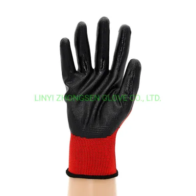 China Made Nitrile Hand Gloves 13G Red Polyester Black Nitrile Coated Gloves