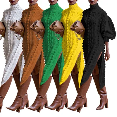 Fall Winter New Style European Women's Casual High-Neck Open-Knit Long Dress Sweater Maxi Dresses
