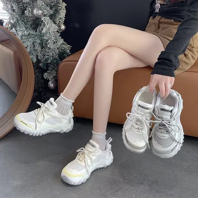 Women Breathable Mesh Chunky Dad Sneakers Thick Platform Height Increasing Casual Walking Shoes Non Slip PVC Outsole Ladies Sport Trainers