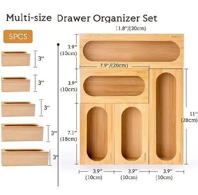 Bamboo Dispenser Ziplock Bag for Food Storage Organizer Kitchen Drawer with Cutter