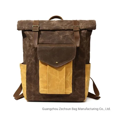 Vintage Waxed Canvas Leather Backpack, Canvas Roll Bag, Vintage Leather Roll Top Bag Fits to 15 Inch Laptops and Tablets for Men and Women (BC1430-15)