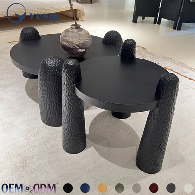 Wabi Sabi Black Combination Round Coffee Table Hammer Textured Solid Wood Center Table