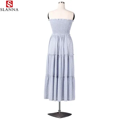 Blue Floral Print Chiffon Elastic Waist Ladies Long Tube Dress