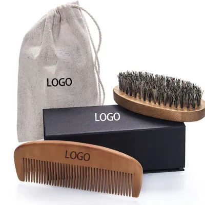 Gift Box / Bag Wooden Boar Bristle Beard Comb Brush Kit Custom Logo Barber Salon Beard Brush and Comb Set for Men