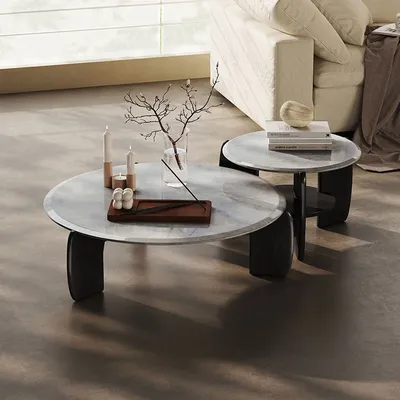 Solid Wooden Leg Modern Round Marble Stone Coffee Table Set