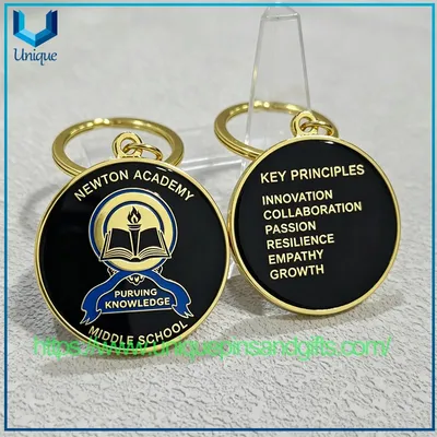 Custom School Logo Metal Keychain Double Sided Enamel School Souvenir Key Ring Customized Academy Core Values Commemorative Coin Keychain