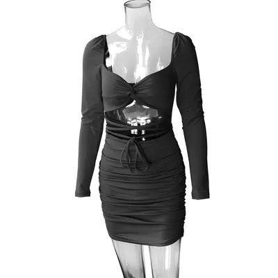 OEM/ODM Sexy Long-Sleeved Hollow-out Sheath Short Dress with Hip-Hugging Design