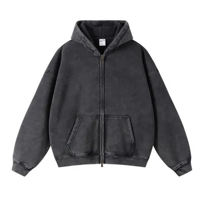 Top Quality Western-Style High-Street Vintage-Wash Distressed Wax-Dyed Oversized Zip-up Men's Cardigan Hoodie