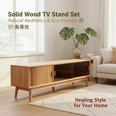 Solid Wood Natural Style TV Cabinet Fluted Door Storage TV Stand