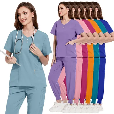 Unisex Nursing Uniform Sets Fashion Jogger Pants Short-Sleeved Scrubs Nurse Uniforms for Hospital Doctors Housekeeper Nanny