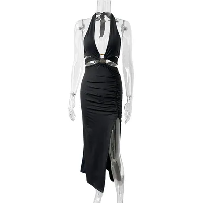OEM/ODM Sexy Halter-Neck Hollow-out High-Slit Evening Women Dress