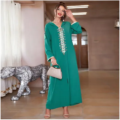 Beaded Pea Green Hooded Dress, Muslim Spot Dress