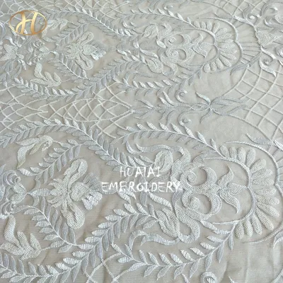 Hualai Beauteful White Embroidery Sequin Transparent Table Cloth for Wedding