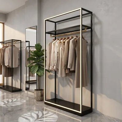 Premium LED Illuminated Black Metal Clothing Display Rack for Brand Stores