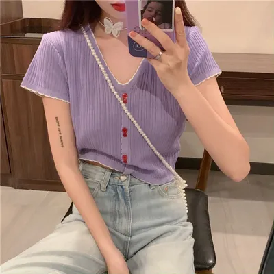 Slim Fit Cropped Top Knit Casual Sexy Short Sleeve Ladies T-Shirt