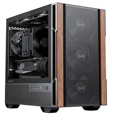 Okinos Genuine Walnut Wood Micro ATX PC Case 412omm 3-Pin Non-PWM Fans Pre- Installed Tempered Glass Side Panel Type-C Port