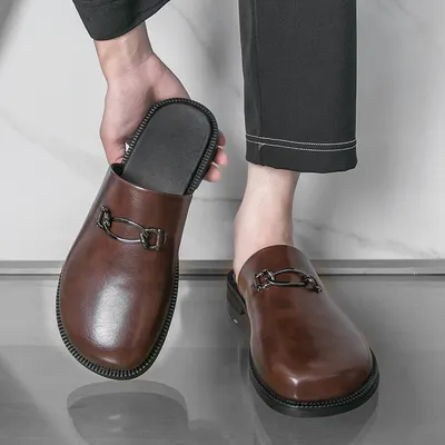 Men Leather Mule Slippers Metal Horsebit Buckle Brown Slip on Backless Loafers Shoes