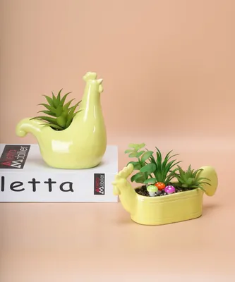 Easter Potted Faux Succulent Plants Table Decoration Set of 2, Ceramic Cute Chick Pot, Yellow Eastser Chick Pot