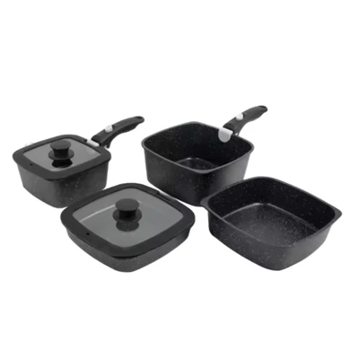 Factory Wholesale Square Frying Pan Marble Cooking Cookware Set with Detachable Silicone