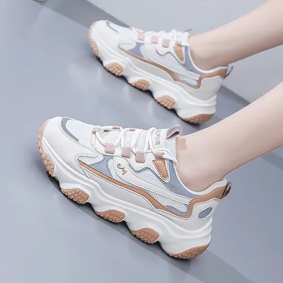 New Student Sports Shoes Dad Shoes PU Mesh Upper Women's Elevated Thick Soled Casual Shoes