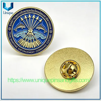 Custom Hard Enamel Metal Lapel Pin, Thai Maritime Enforcement Command Center Badge, Gold Plated Round Military Souvenir Pin with Butterfly Clutch