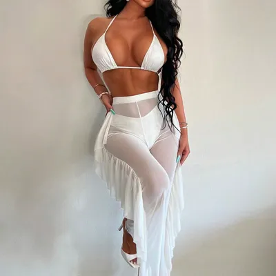 Holographic Silver Bikini Set Popular 3pieces Swimsuit Sheer Mesh Pant Sparkle Basic Swimwear