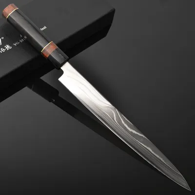Damascus Pattern Professional Japanese Yanagiba Knife with Wooden Box Saya