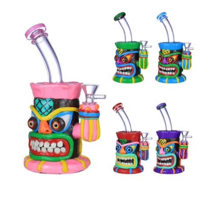 Vibrant Glow in The Dark Polymer Clay Tiki Mask DAB Rig Hand-Painted Totem Water Pipe