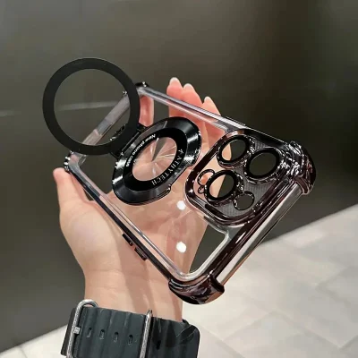 Luxury Electroplated Bracket Magnetic Suction Phone Case for iPhone 16 15 14 13 12 PRO Max Anti-Drop Shell with HD Lens Film