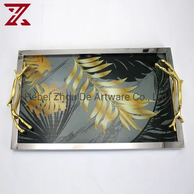 Custom Pattern Rectangle with Handle Silver Trays Metal Tray Mirror for Home Decoration
