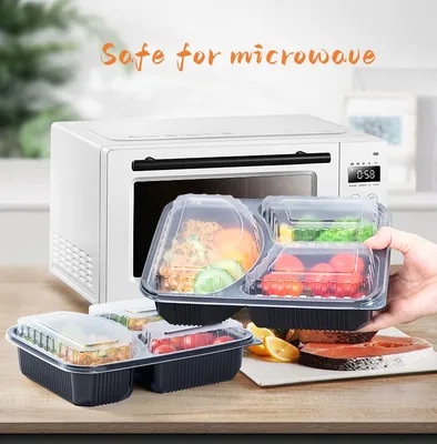 Disposable Food Container 3 Compartment Black Square PP Plastic Take Away Bento Lunch Box
