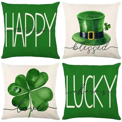 St Patricks Day Decor Throw Pillow Covers 18X18 in, Shamrock Linen Pillow Case with Green Hat Irish Large Couch Sofa Home Indoor Outdoor Pillow Case