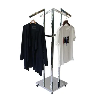 Premium Stainless Steel 4-Way Clothing Rack Adjustable Mobile Garment Display Stand for Retail Stores