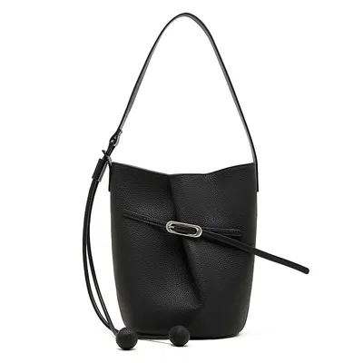 Women's Litchi Grain Leather Drawstring Bucket Shoulder Bag